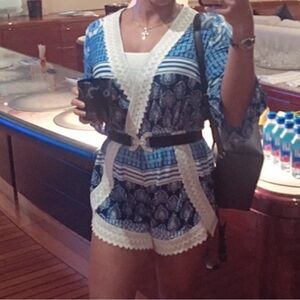 Blue and White Printed Romper with White Lace Trim - M (4)